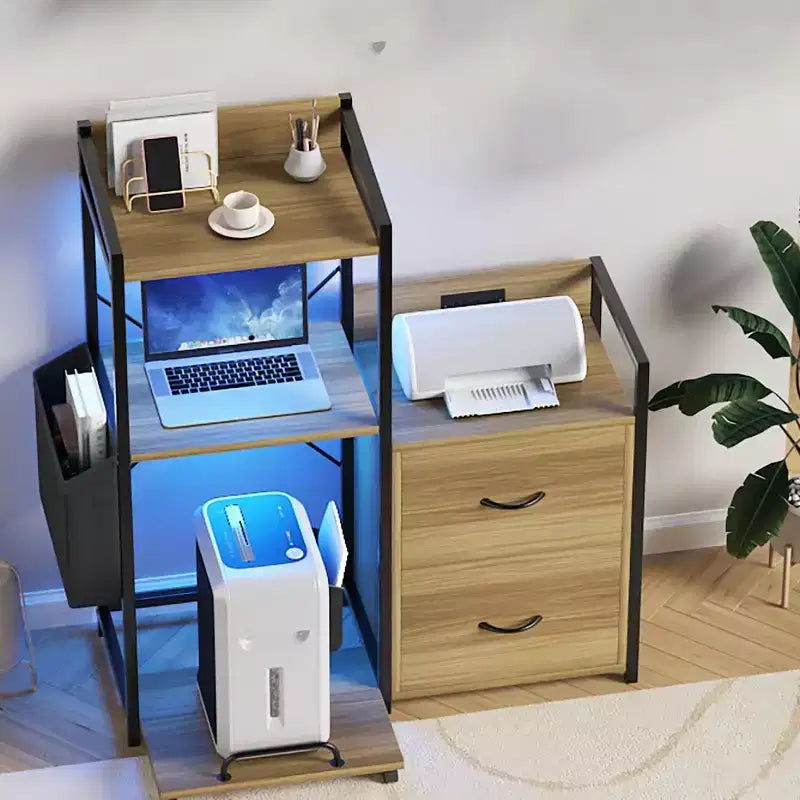 Meuble d'imprimante Acekool rustique en bois noir avec cadre en fer, armoire de rangement avec tiroirs et étagères ouvertes pour l'organisation du bureau à domicile