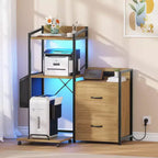 Meuble d'imprimante Acekool rustique en bois noir avec cadre en fer, armoire de rangement avec tiroirs et étagères ouvertes pour l'organisation du bureau à domicile