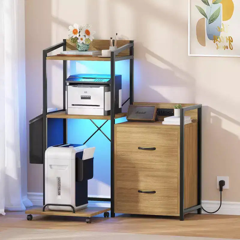Meuble d'imprimante Acekool rustique en bois noir avec cadre en fer, armoire de rangement avec tiroirs et étagères ouvertes pour l'organisation du bureau à domicile