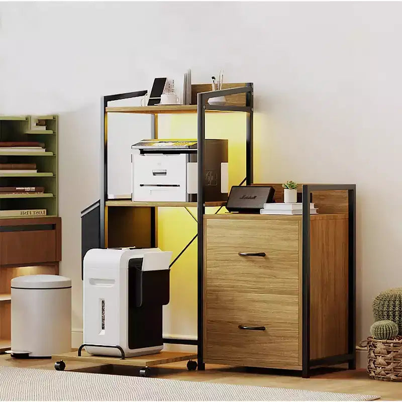 Meuble d'imprimante Acekool rustique en bois noir avec cadre en fer, armoire de rangement avec tiroirs et étagères ouvertes pour l'organisation du bureau à domicile
