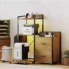 Meuble d'imprimante Acekool rustique en bois noir avec cadre en fer, armoire de rangement avec tiroirs et étagères ouvertes pour l'organisation du bureau à domicile