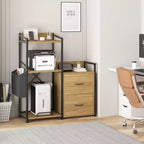 Meuble d'imprimante Acekool rustique en bois noir avec cadre en fer, armoire de rangement avec tiroirs et étagères ouvertes pour l'organisation du bureau à domicile