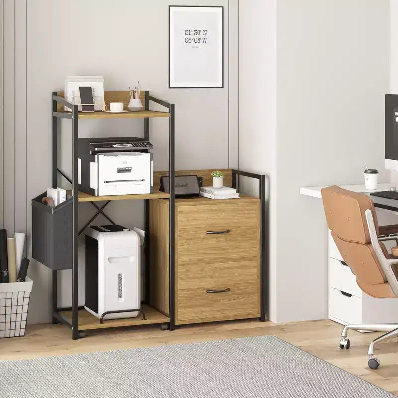 Meuble d'imprimante Acekool rustique en bois noir avec cadre en fer, armoire de rangement avec tiroirs et étagères ouvertes pour l'organisation du bureau à domicile