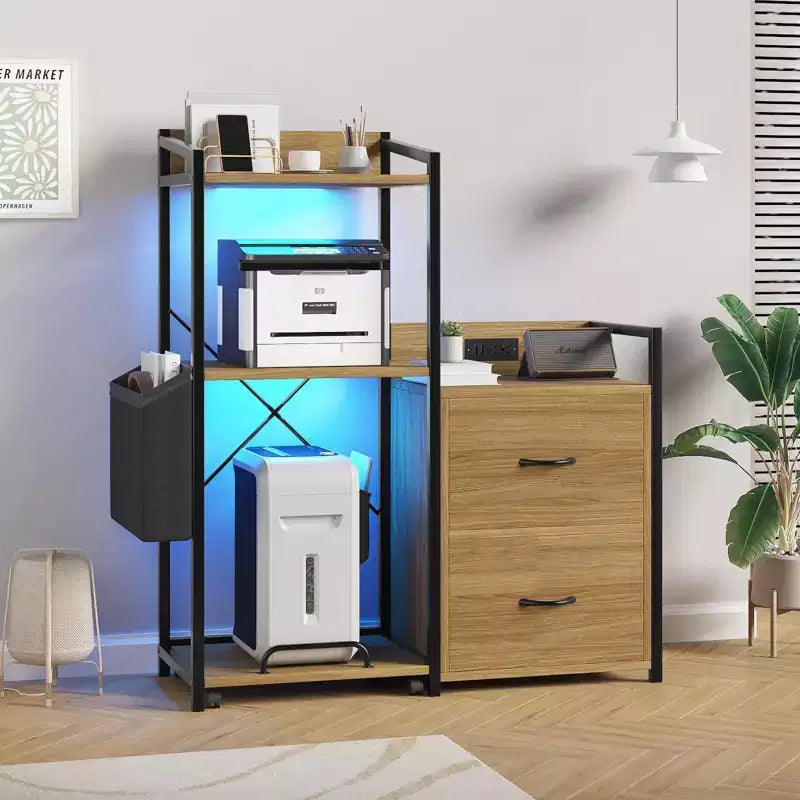 Meuble d'imprimante Acekool rustique en bois noir avec cadre en fer, armoire de rangement avec tiroirs et étagères ouvertes pour l'organisation du bureau à domicile
