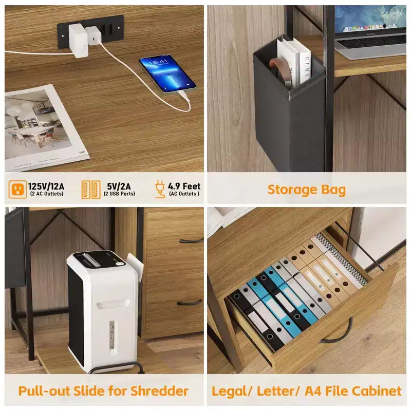 Meuble d'imprimante Acekool rustique en bois noir avec cadre en fer, armoire de rangement avec tiroirs et étagères ouvertes pour l'organisation du bureau à domicile