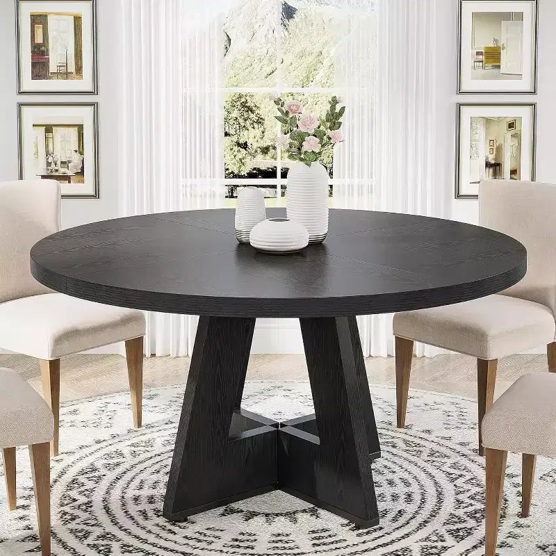 Table à manger ronde COZONY, plateau en bois de style rustique, base croisée, pour 4 à 6 personnes, pour cuisine ou salle à manger.