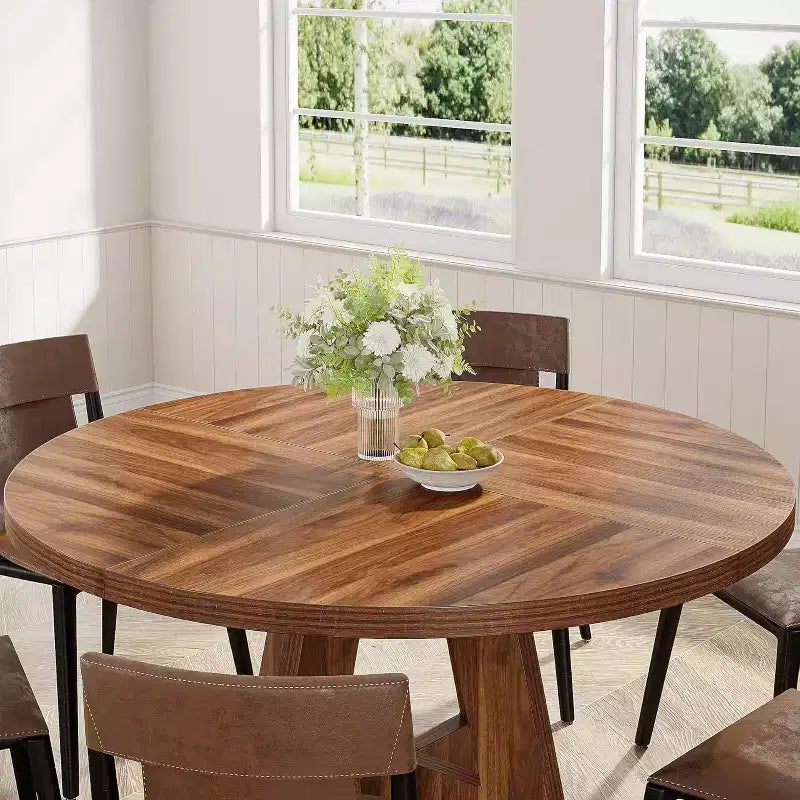 Table à manger ronde COZONY, plateau en bois de style rustique, base croisée, pour 4 à 6 personnes, pour cuisine ou salle à manger.