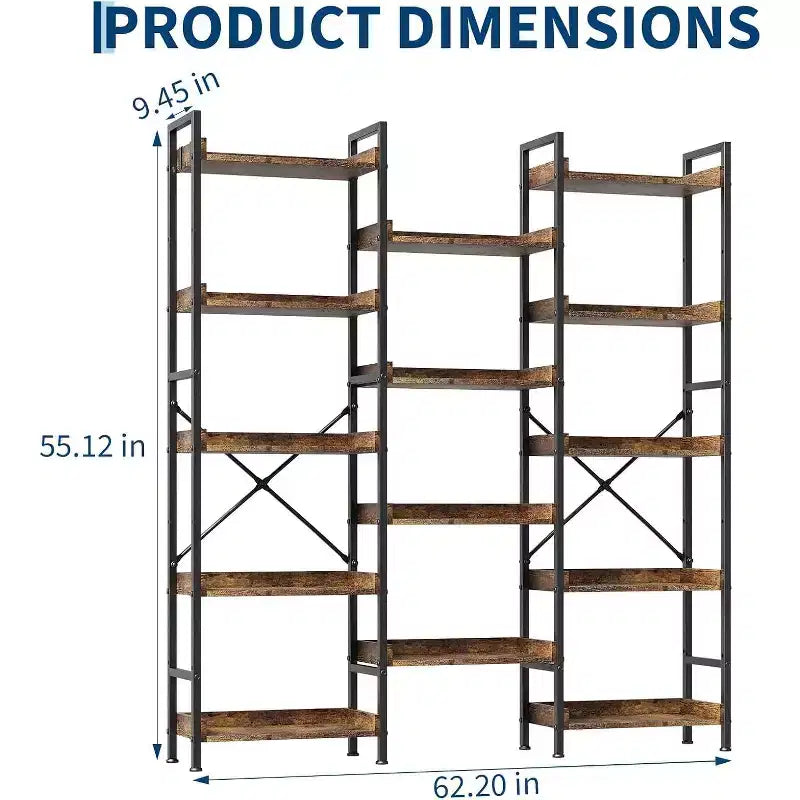 Étagère industrielle triple à 5 niveaux, bibliothèque en bois avec 14 étagères ouvertes, cadre en métal robuste, étagère de rangement pour salon, chambre à coucher, bureau à domicile