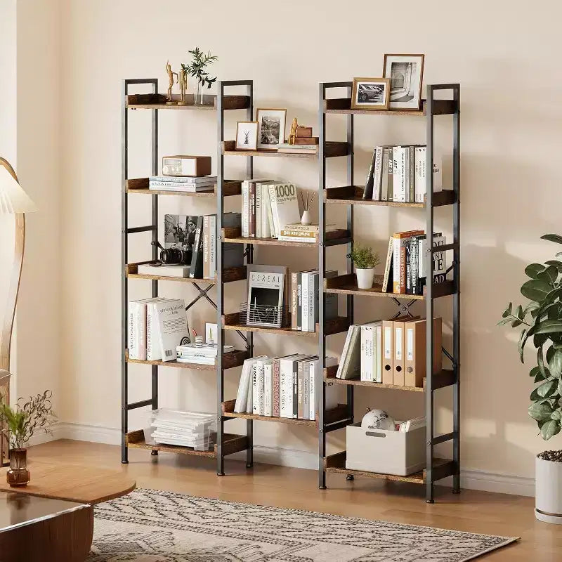 Étagère industrielle triple à 5 niveaux, bibliothèque en bois avec 14 étagères ouvertes, cadre en métal robuste, étagère de rangement pour salon, chambre à coucher, bureau à domicile