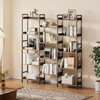 Étagère industrielle triple à 5 niveaux, bibliothèque en bois avec 14 étagères ouvertes, cadre en métal robuste, étagère de rangement pour salon, chambre à coucher, bureau à domicile