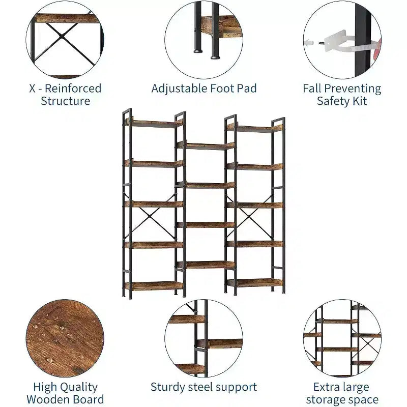 Étagère industrielle triple à 5 niveaux, bibliothèque en bois avec 14 étagères ouvertes, cadre en métal robuste, étagère de rangement pour salon, chambre à coucher, bureau à domicile