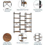 Étagère industrielle triple à 5 niveaux, bibliothèque en bois avec 14 étagères ouvertes, cadre en métal robuste, étagère de rangement pour salon, chambre à coucher, bureau à domicile
