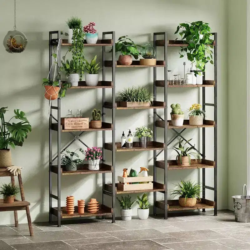Étagère industrielle triple à 5 niveaux, bibliothèque en bois avec 14 étagères ouvertes, cadre en métal robuste, étagère de rangement pour salon, chambre à coucher, bureau à domicile
