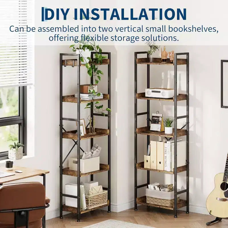 Étagère industrielle triple à 5 niveaux, bibliothèque en bois avec 14 étagères ouvertes, cadre en métal robuste, étagère de rangement pour salon, chambre à coucher, bureau à domicile