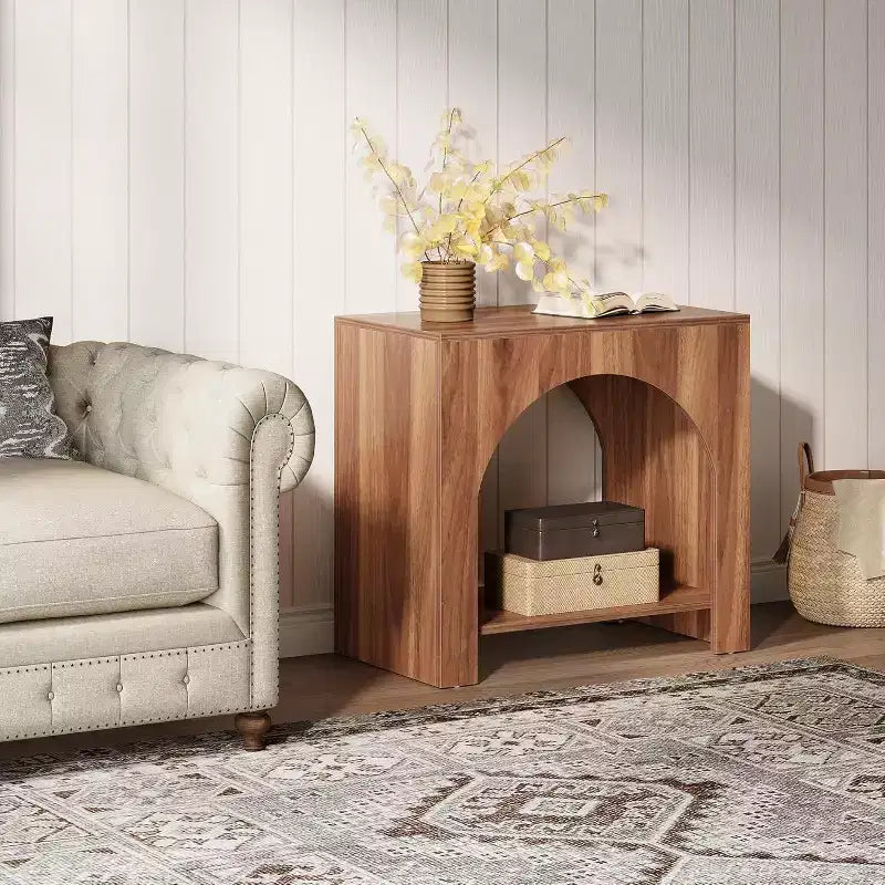 Table d'appoint Lantine avec piédestal en bois, grande table de chevet et d'appoint avec rangement pour salon, chambre à coucher