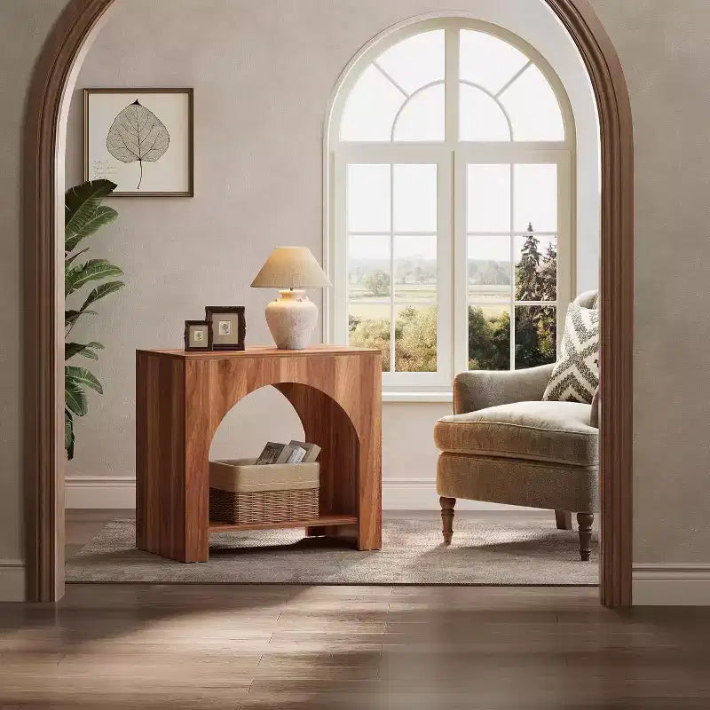 Table d'appoint Lantine avec piédestal en bois, grande table de chevet et d'appoint avec rangement pour salon, chambre à coucher