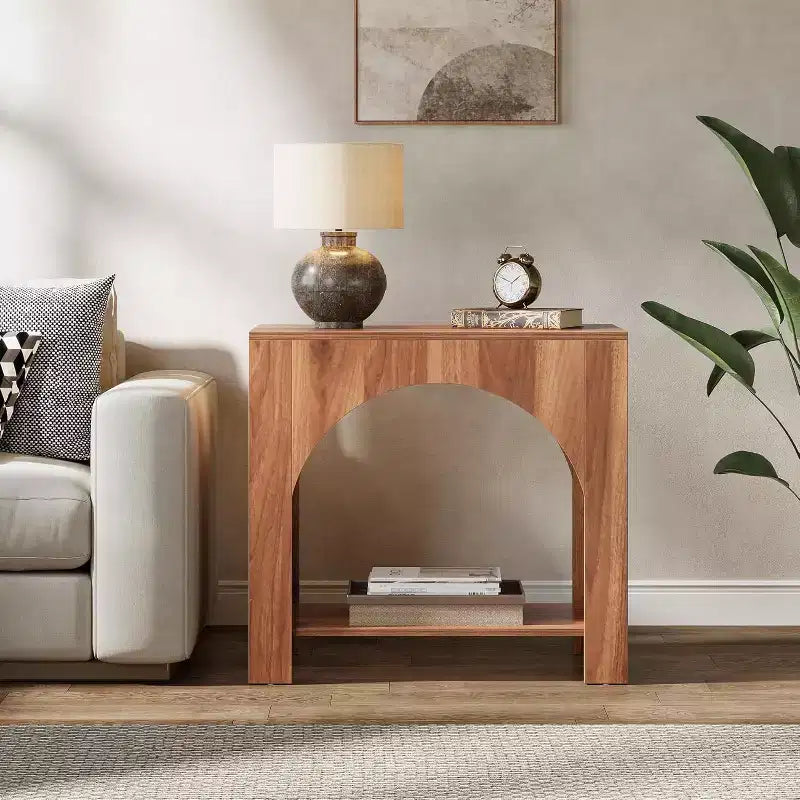 Table d'appoint Lantine avec piédestal en bois, grande table de chevet et d'appoint avec rangement pour salon, chambre à coucher