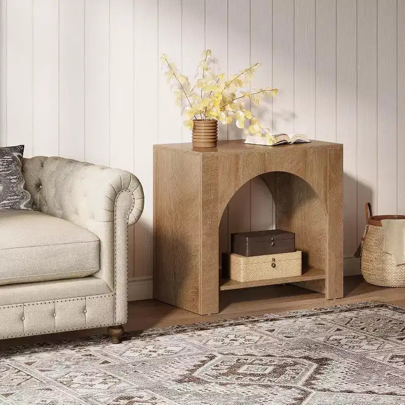 Table d'appoint Lantine avec piédestal en bois, grande table de chevet et d'appoint avec rangement pour salon, chambre à coucher