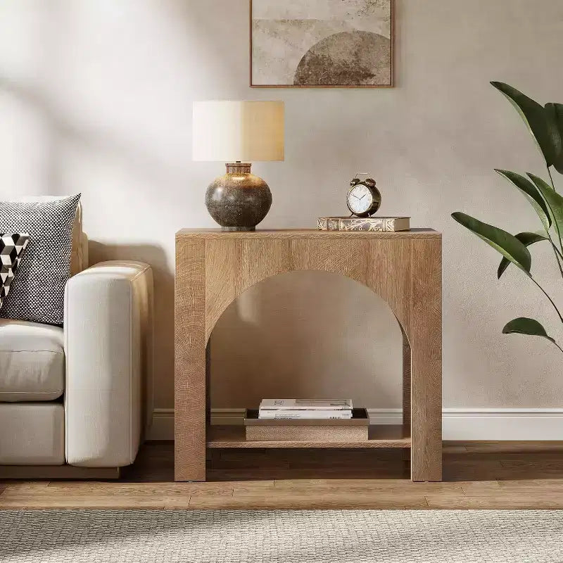 Table d'appoint Lantine avec piédestal en bois, grande table de chevet et d'appoint avec rangement pour salon, chambre à coucher