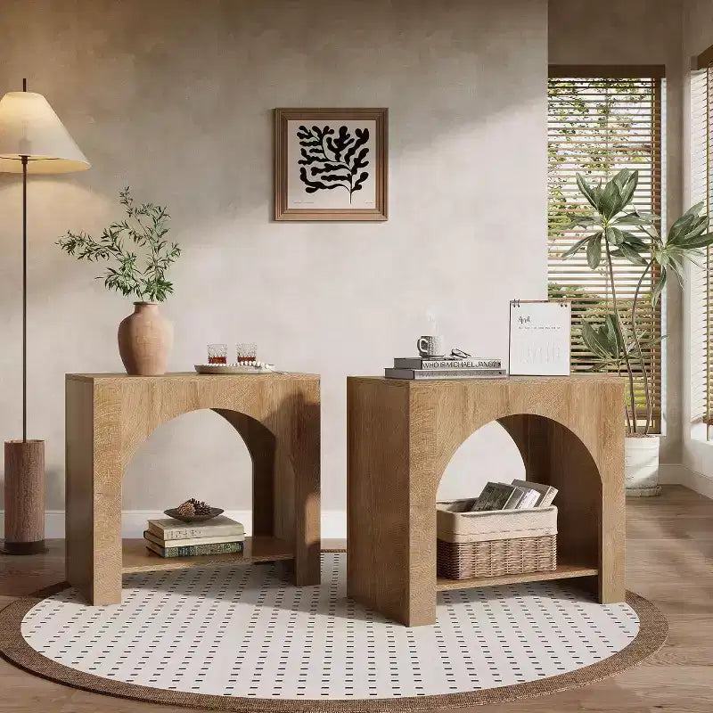 Table d'appoint Lantine avec piédestal en bois, grande table de chevet et d'appoint avec rangement pour salon, chambre à coucher