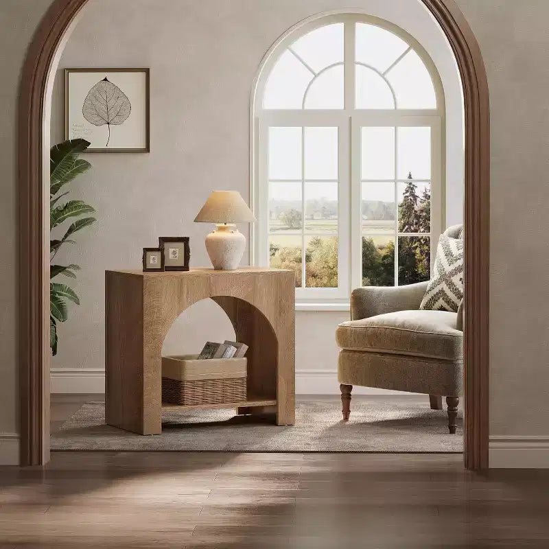 Table d'appoint Lantine avec piédestal en bois, grande table de chevet et d'appoint avec rangement pour salon, chambre à coucher