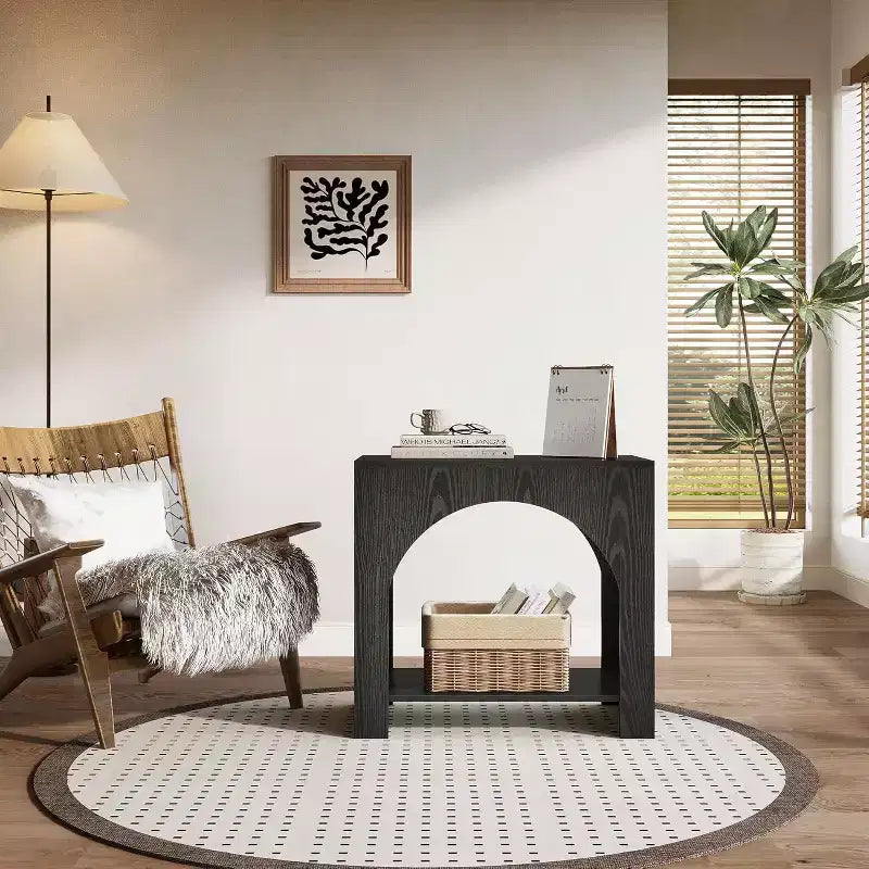 Table d'appoint Lantine avec piédestal en bois, grande table de chevet et d'appoint avec rangement pour salon, chambre à coucher