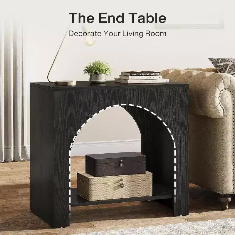 Table d'appoint Lantine avec piédestal en bois, grande table de chevet et d'appoint avec rangement pour salon, chambre à coucher