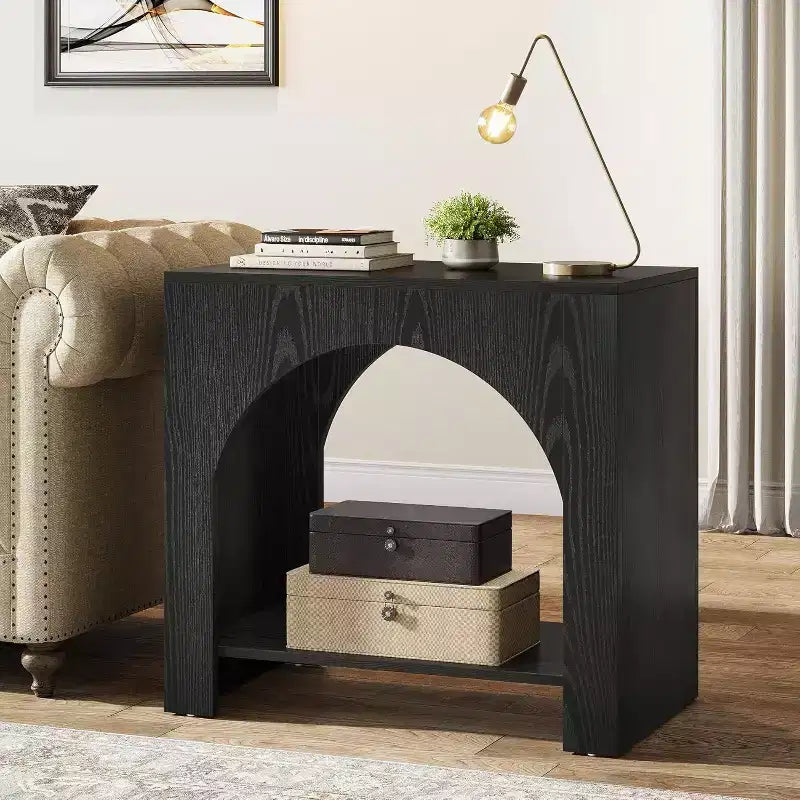 Table d'appoint Lantine avec piédestal en bois, grande table de chevet et d'appoint avec rangement pour salon, chambre à coucher