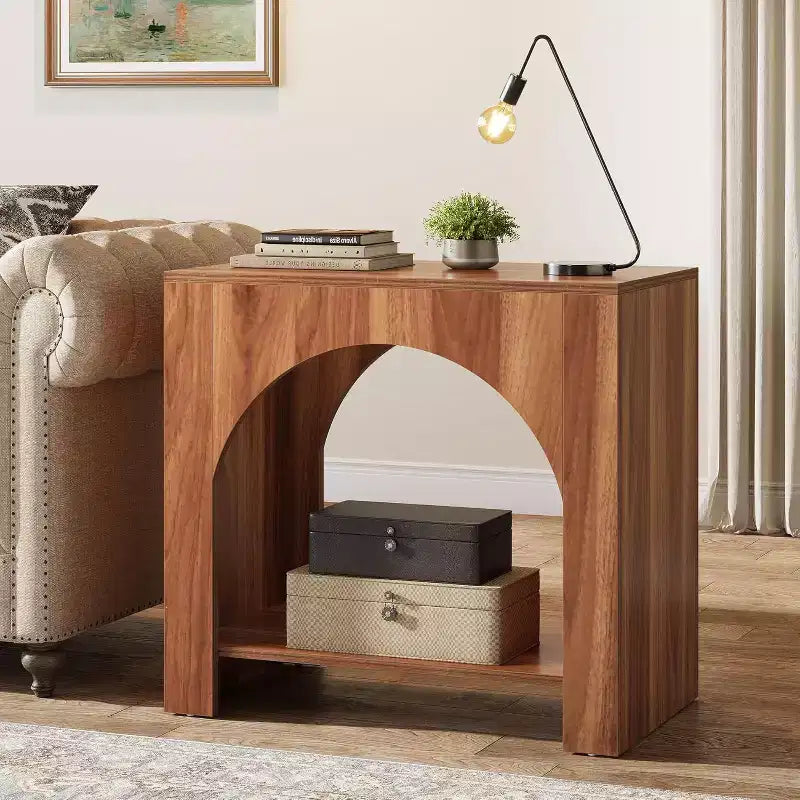 Table d'appoint Lantine avec piédestal en bois, grande table de chevet et d'appoint avec rangement pour salon, chambre à coucher