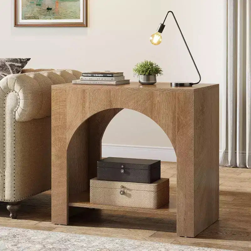 Lantine Farmhouse End Table with Wooden Pedestal, Large Sofa Side and Bedside Storage Nightstand for Living Room, Bedroom