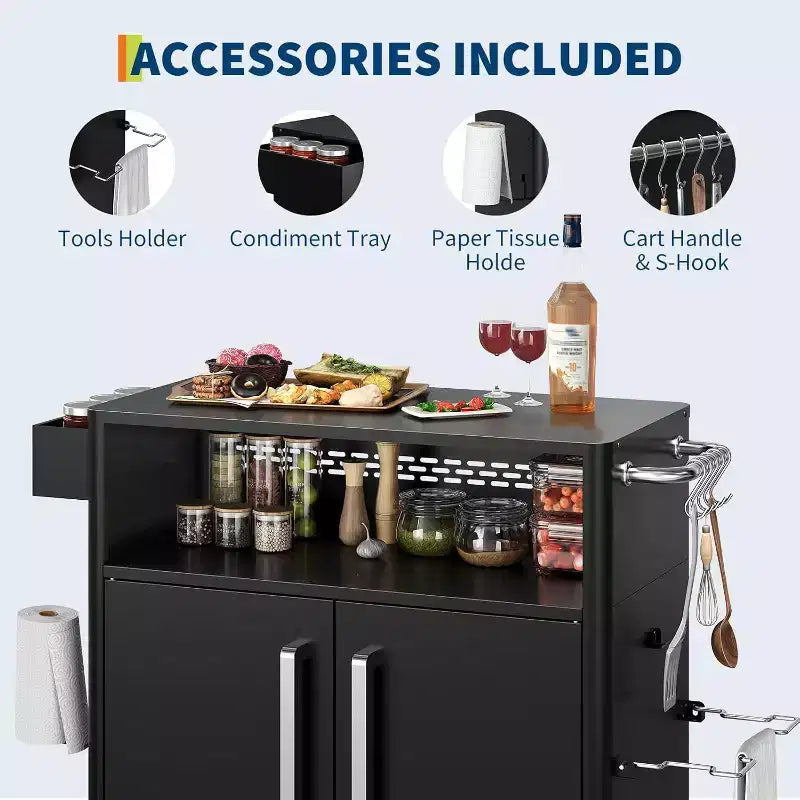 Chariot de cuisine d'extérieur roulant, table de préparation de barbecue mobile avec 2 portes et 4 roues verrouillables, poste alimentaire en acier inoxydable pour griller, servir et ranger