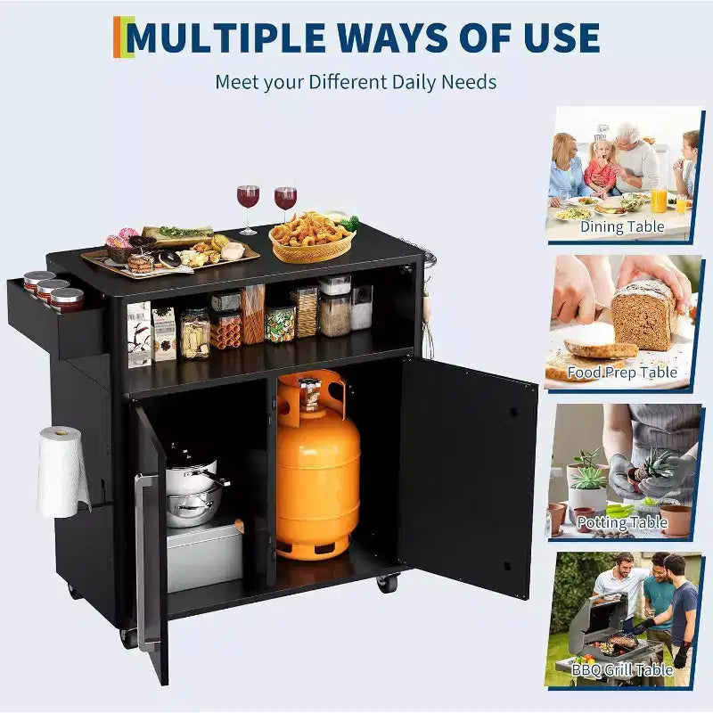 Chariot de cuisine d'extérieur roulant, table de préparation de barbecue mobile avec 2 portes et 4 roues verrouillables, poste alimentaire en acier inoxydable pour griller, servir et ranger