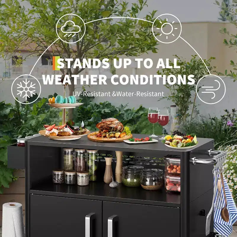 Chariot de cuisine d'extérieur roulant, table de préparation de barbecue mobile avec 2 portes et 4 roues verrouillables, poste alimentaire en acier inoxydable pour griller, servir et ranger