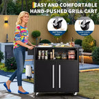 Chariot de cuisine d'extérieur roulant, table de préparation de barbecue mobile avec 2 portes et 4 roues verrouillables, poste alimentaire en acier inoxydable pour griller, servir et ranger