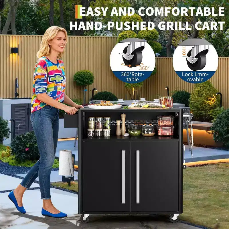 Chariot de cuisine d'extérieur roulant, table de préparation de barbecue mobile avec 2 portes et 4 roues verrouillables, poste alimentaire en acier inoxydable pour griller, servir et ranger