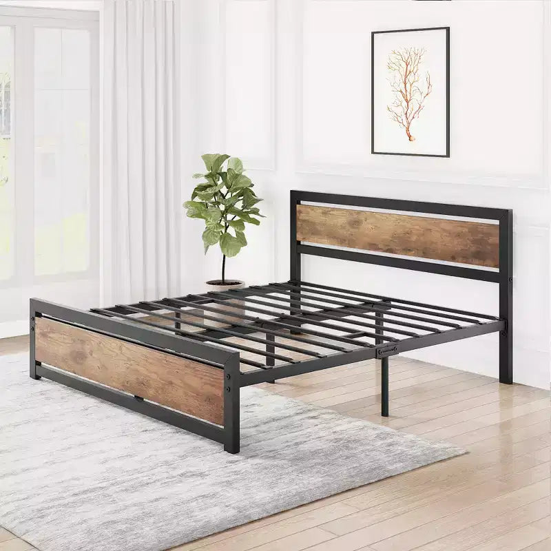 Bed Frame, Metal Platform Bed Frame with Wooden Headboard and Footboard, Non-Slip Heavy Duty Bed Frame with Large Under Storage, No Box Spring Needed