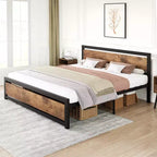Cadre de lit, Cadre de lit plateforme en métal avec tête de lit et pied de lit en bois, Cadre de lit antidérapant robuste avec grand espace de rangement sous le lit, Aucun sommier tapissier requis