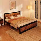 Cadre de lit, Cadre de lit plateforme en métal avec tête de lit et pied de lit en bois, Cadre de lit antidérapant robuste avec grand espace de rangement sous le lit, Aucun sommier tapissier requis