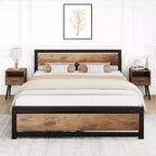 Cadre de lit, Cadre de lit plateforme en métal avec tête de lit et pied de lit en bois, Cadre de lit antidérapant robuste avec grand espace de rangement sous le lit, Aucun sommier tapissier requis