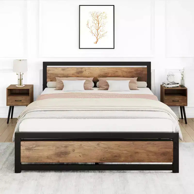 Cadre de lit, Cadre de lit plateforme en métal avec tête de lit et pied de lit en bois, Cadre de lit antidérapant robuste avec grand espace de rangement sous le lit, Aucun sommier tapissier requis