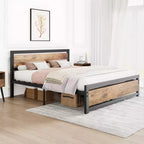 Cadre de lit, Cadre de lit plateforme en métal avec tête de lit et pied de lit en bois, Cadre de lit antidérapant robuste avec grand espace de rangement sous le lit, Aucun sommier tapissier requis