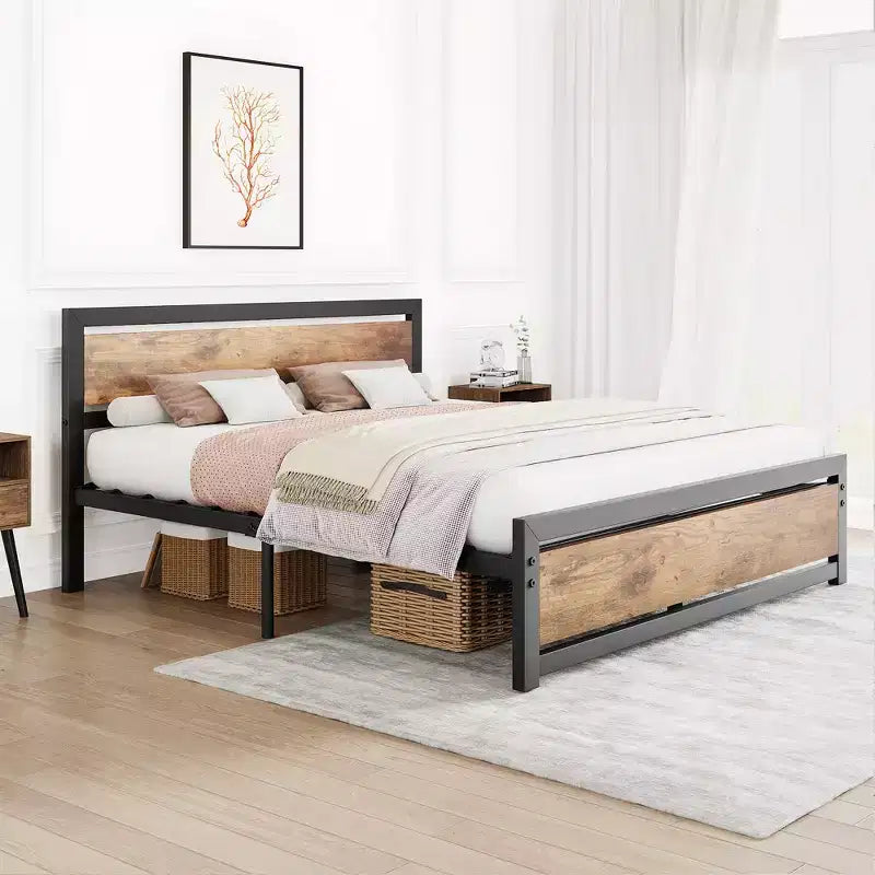 Cadre de lit, Cadre de lit plateforme en métal avec tête de lit et pied de lit en bois, Cadre de lit antidérapant robuste avec grand espace de rangement sous le lit, Aucun sommier tapissier requis