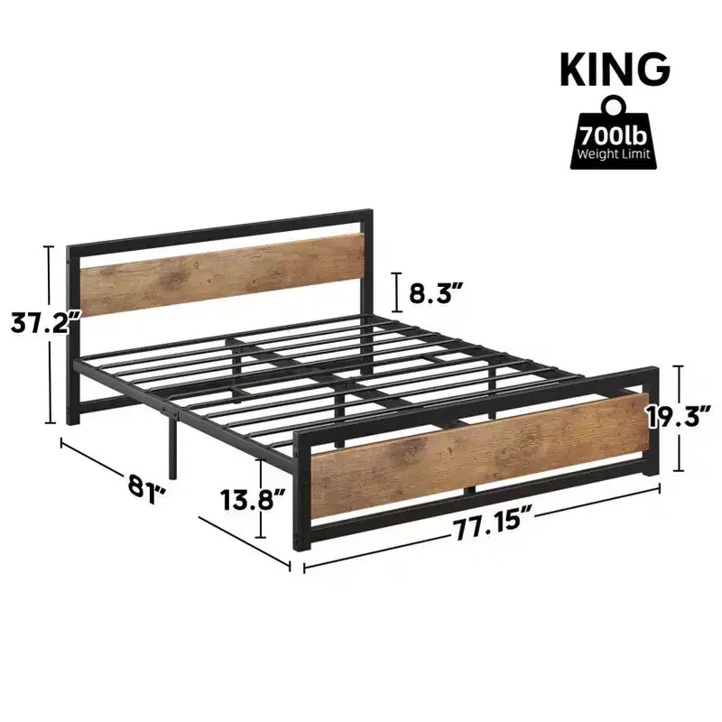 Cadre de lit, Cadre de lit plateforme en métal avec tête de lit et pied de lit en bois, Cadre de lit antidérapant robuste avec grand espace de rangement sous le lit, Aucun sommier tapissier requis