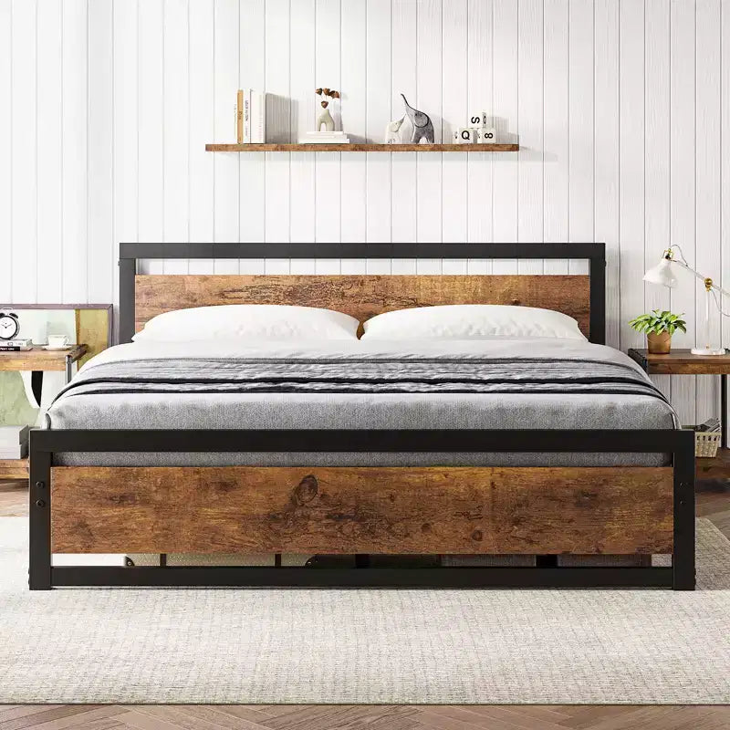 Cadre de lit, Cadre de lit plateforme en métal avec tête de lit et pied de lit en bois, Cadre de lit antidérapant robuste avec grand espace de rangement sous le lit, Aucun sommier tapissier requis