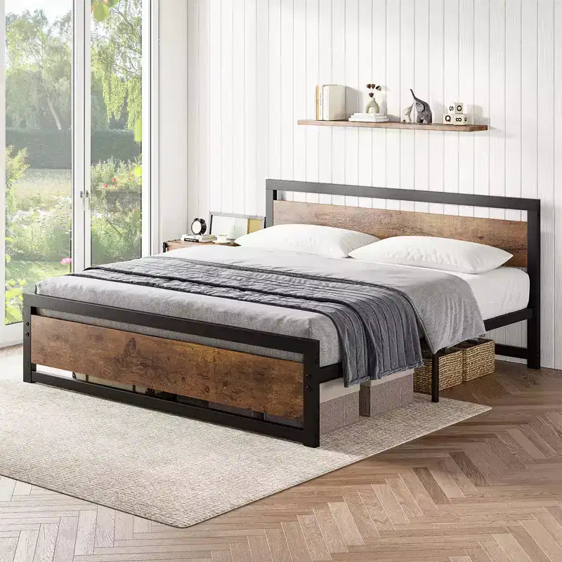Cadre de lit, Cadre de lit plateforme en métal avec tête de lit et pied de lit en bois, Cadre de lit antidérapant robuste avec grand espace de rangement sous le lit, Aucun sommier tapissier requis