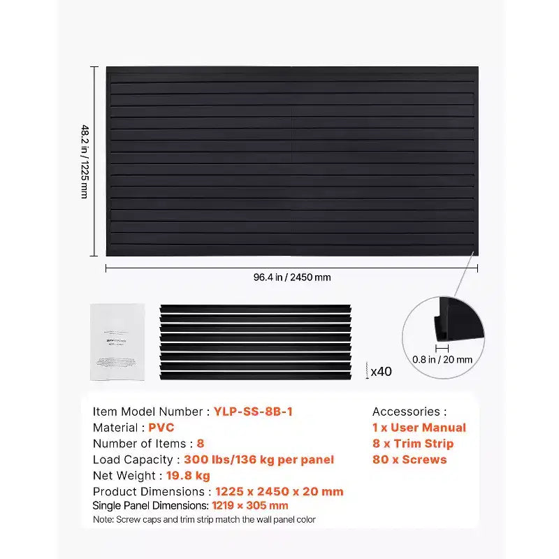Panneau mural à lattes VEVOR, 2,4 x 1,2 m, panneau mural en PVC pour garage avec conception modulaire, panneau mural à lattes noir facile à installer et réglable, noir