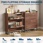 Meuble à chaussures avec 2 tiroirs basculants, armoire de rangement étroite en bois rainuré pour l'entrée, noyer