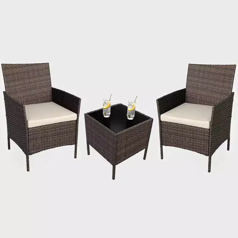 Ensemble de mobilier de patio extérieur 3 pièces, ensemble de conversation moderne en rotin avec table basse pour jardin, osier tout temps et cadre en acier