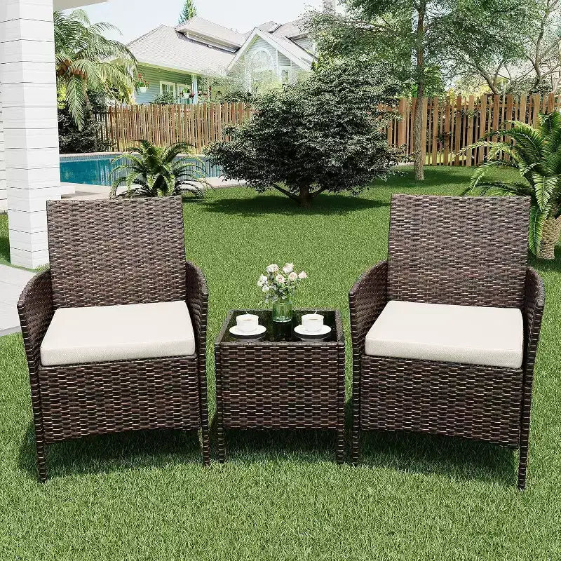 Ensemble de mobilier de patio extérieur 3 pièces, ensemble de conversation moderne en rotin avec table basse pour jardin, osier tout temps et cadre en acier