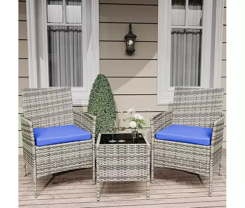 Ensemble de mobilier de patio extérieur 3 pièces, ensemble de conversation moderne en rotin avec table basse pour jardin, osier tout temps et cadre en acier